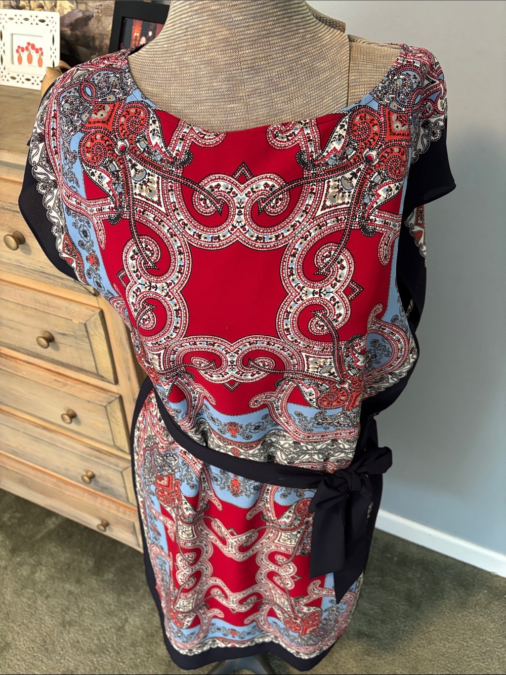 Talbots Red and Light Blue Paisley Lined Hanker-chief Sheath Style Dress